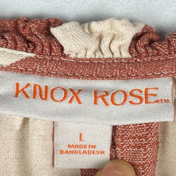 Knox Rose Top Womens L Striped Puff Sleeve Tie Neck Cream Red Cotton Boho - Picture 4 of 10
